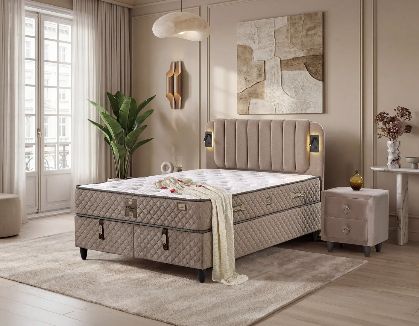 Arya 140x200 Çift Kişilik Yatak, Baza, Başlık Seti