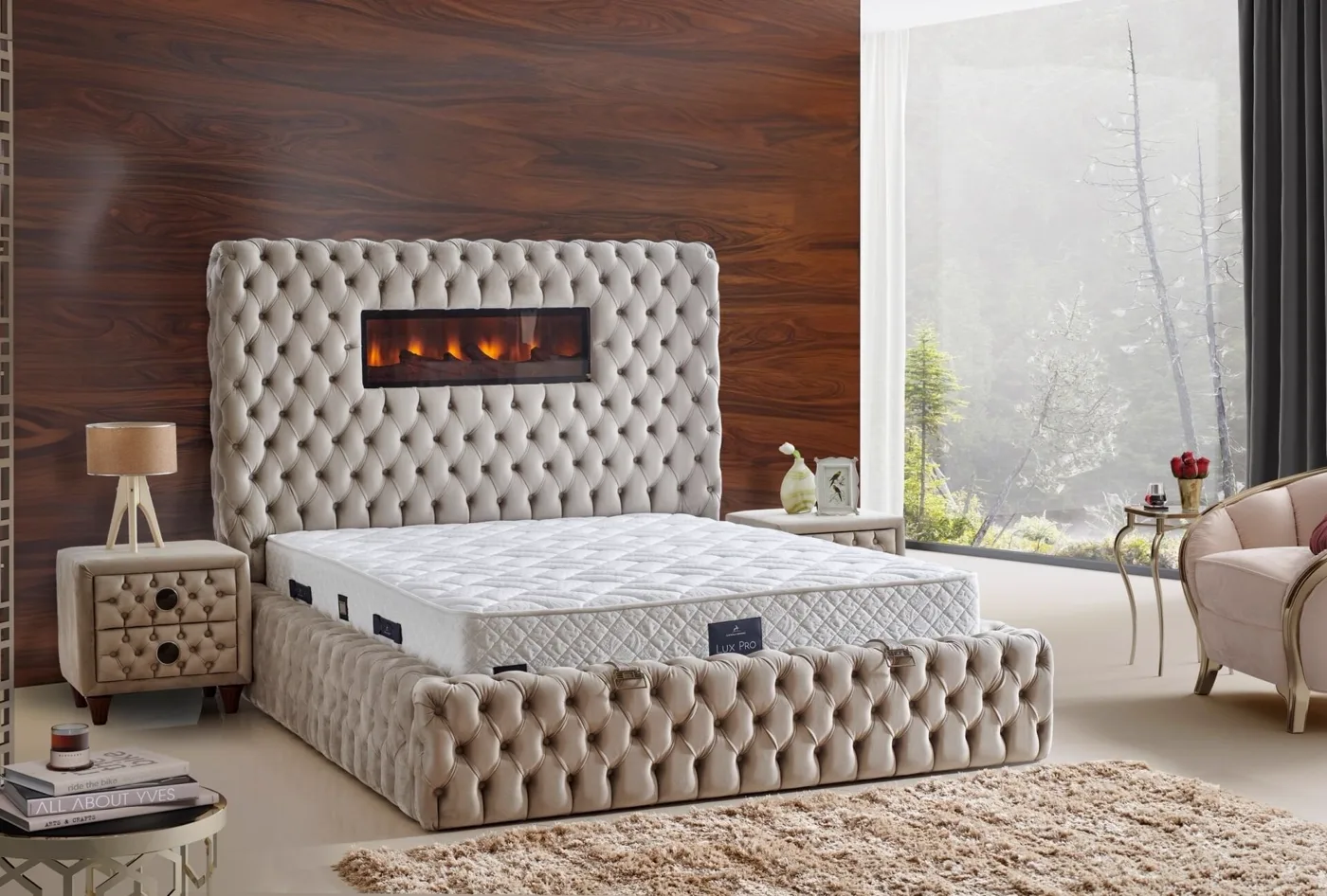 Şömineli Lux 200x200 Çift Kişilik Yatak, Baza, Başlık Seti