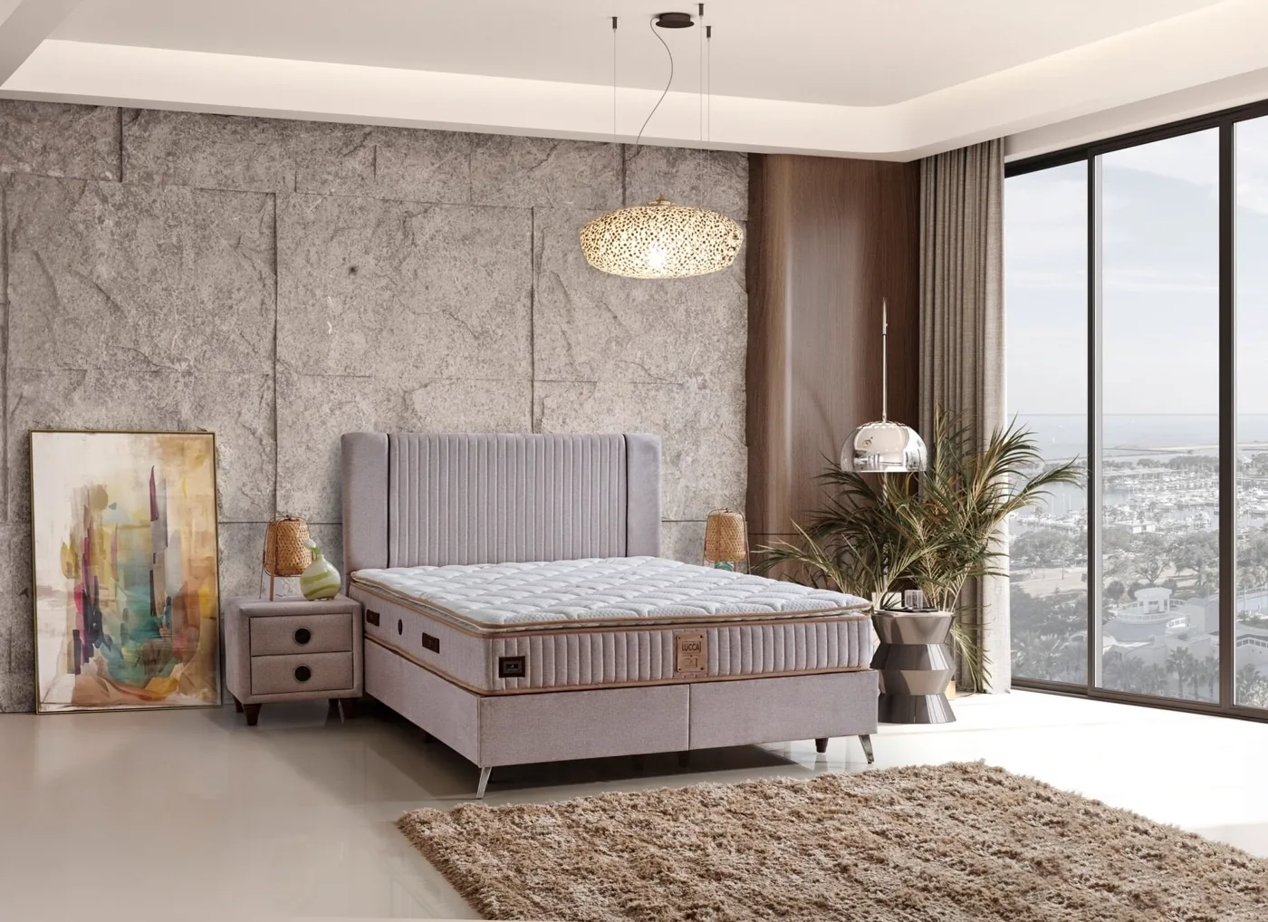 Lucca Sandıklı 200x200 Çift Kişilik Yatak, Baza, Başlık Seti