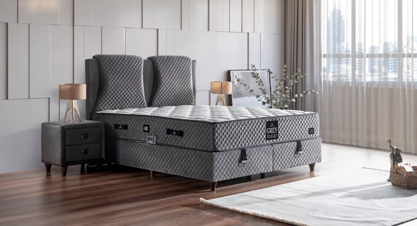 Grey Sleep 200x200 Çift Kişilik Yatak, Baza, Başlık Seti