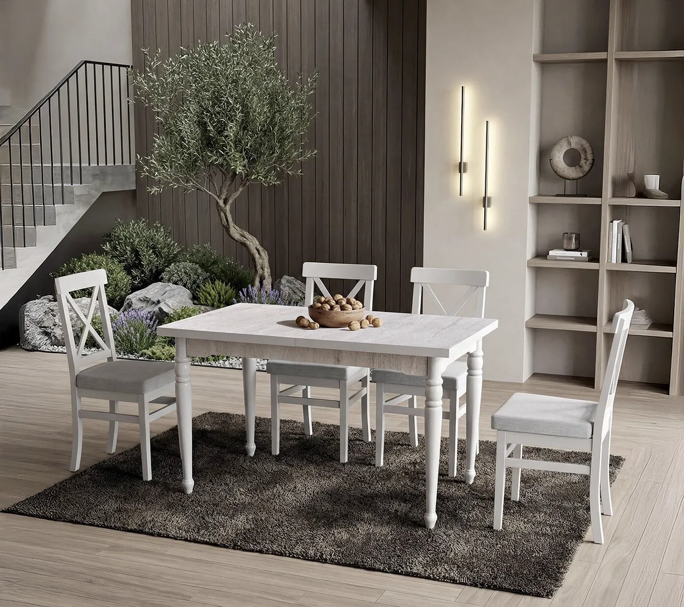 Rustik Traverten Masa & Rustik Sandalye Takımı