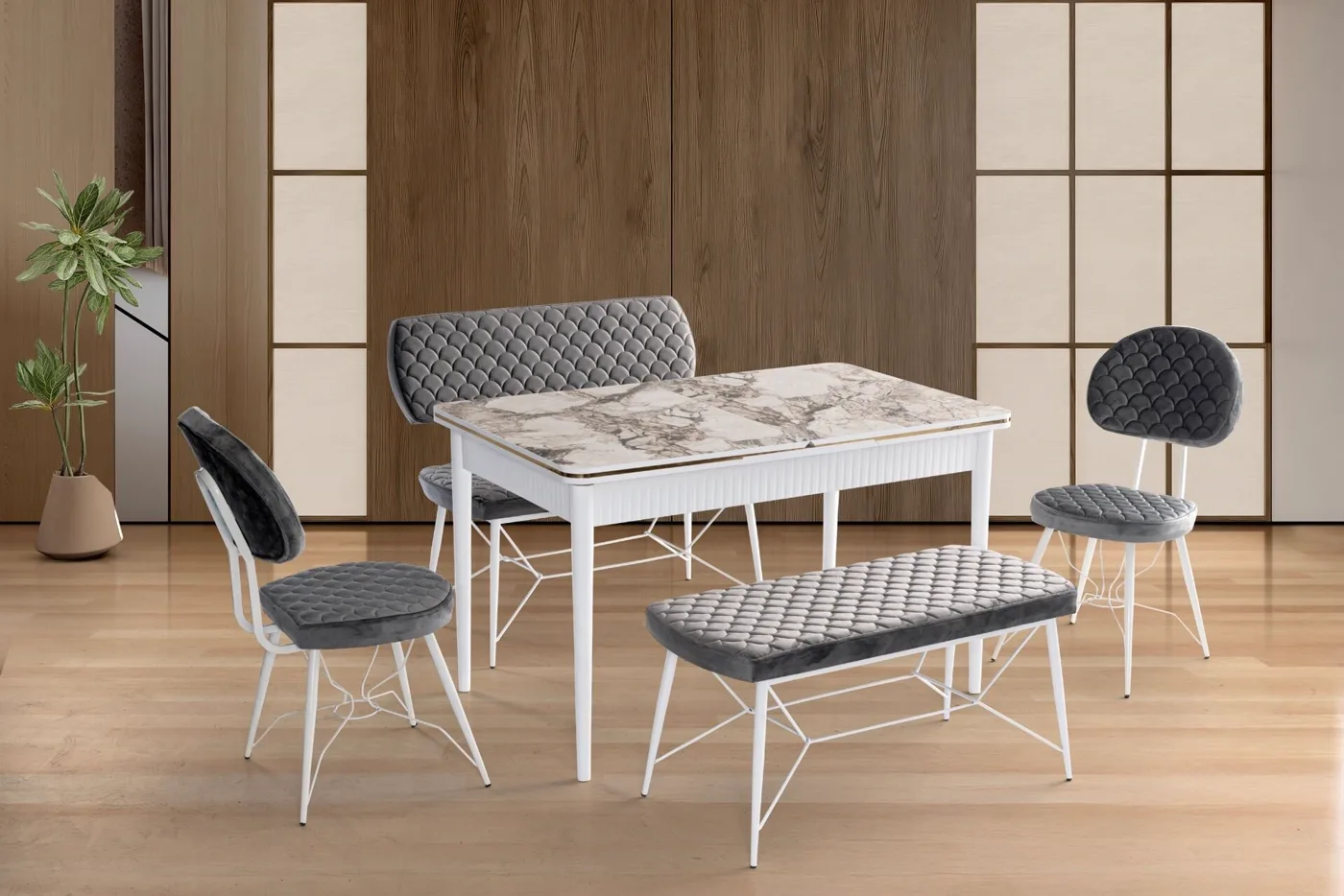 Yaz Bench Masa Sandalye Takımı Beyaz Mermer