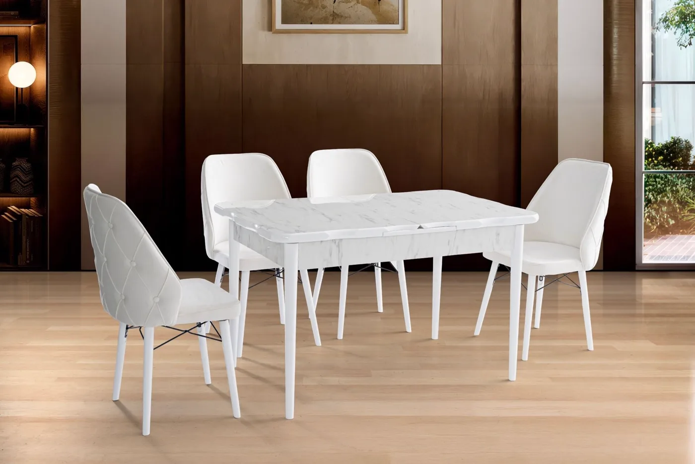 Yener 4 Sandalyeli % 100 MDF Masa Takımı Beyaz Mermer