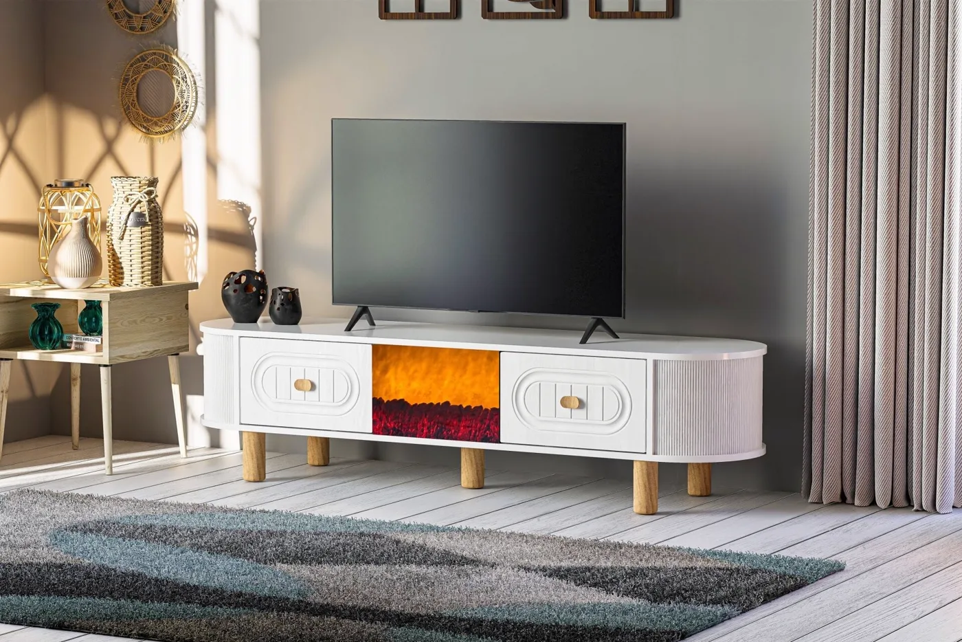 Oval Şömineli Tv Sehpası Beyaz