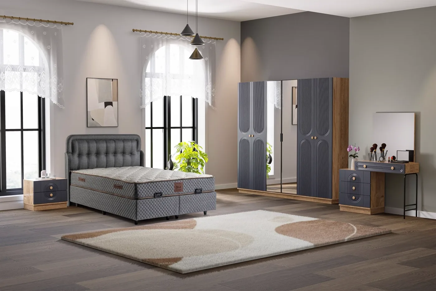 Mira Yatak Odası Takımı %100 MDF - Atlantik Çam / Antrasit