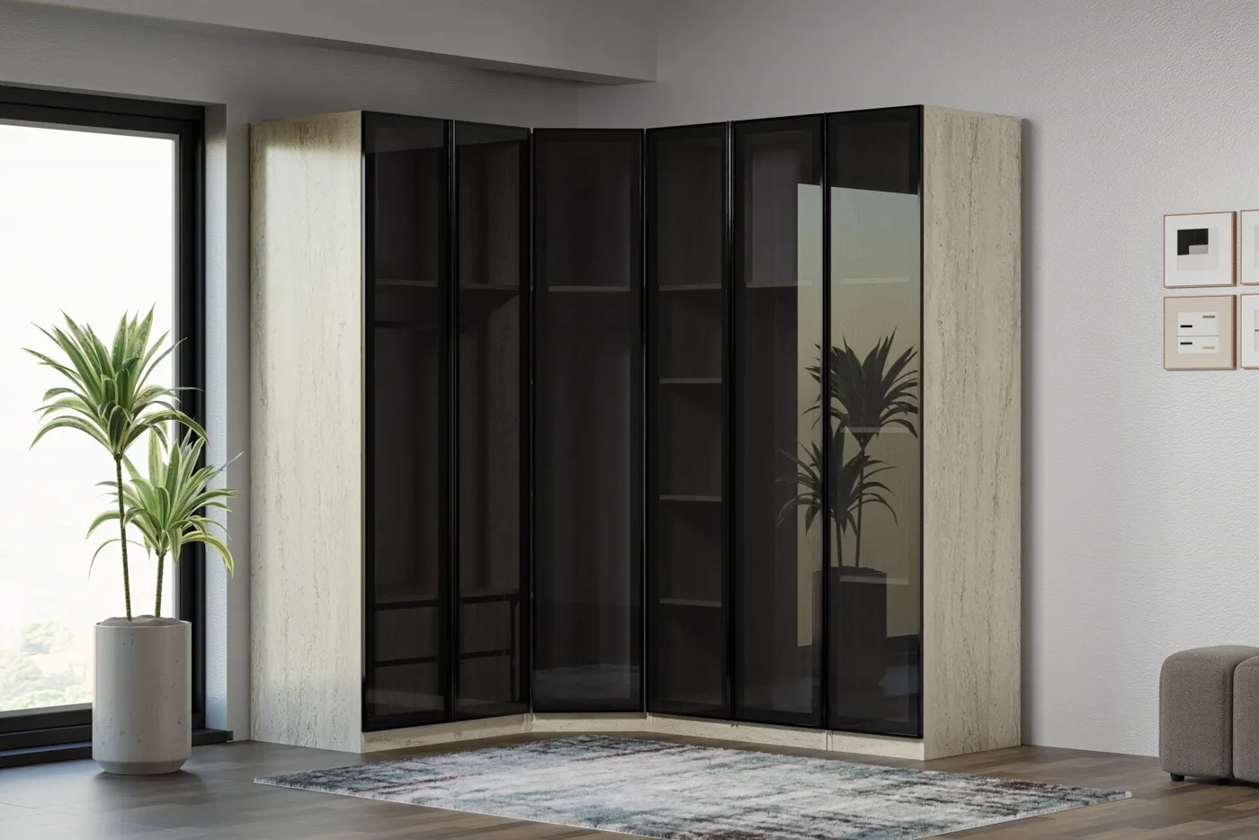 Royal Gardırop Köşe Takımı % 100 MDF - Traverten