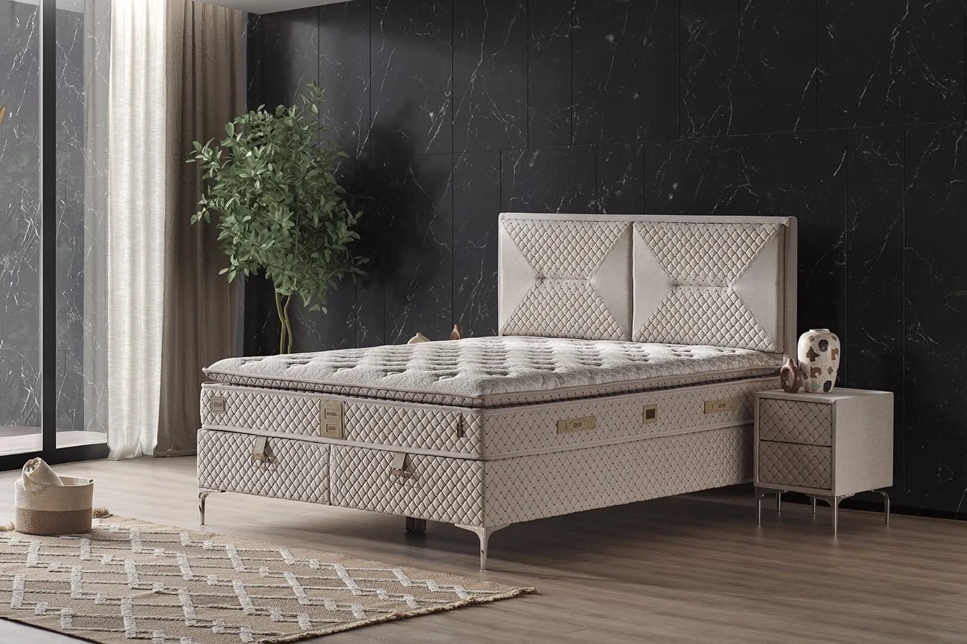 Petra 140x190 Çift Kişilik Yatak, Baza, Başlık Seti