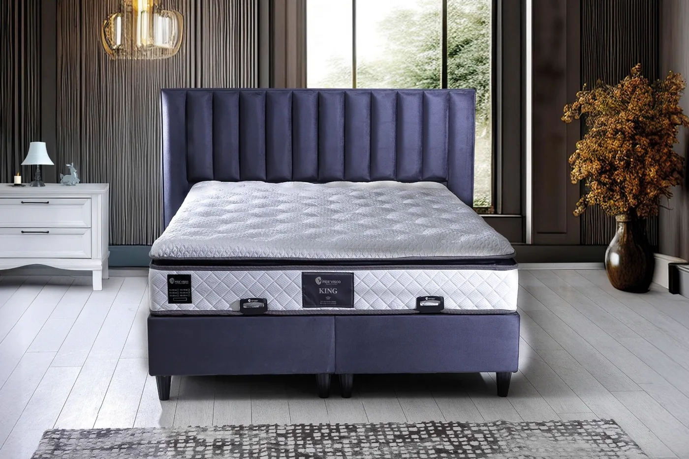 King 180x200 Çift Kişilik Yatak, Baza, Başlık Seti