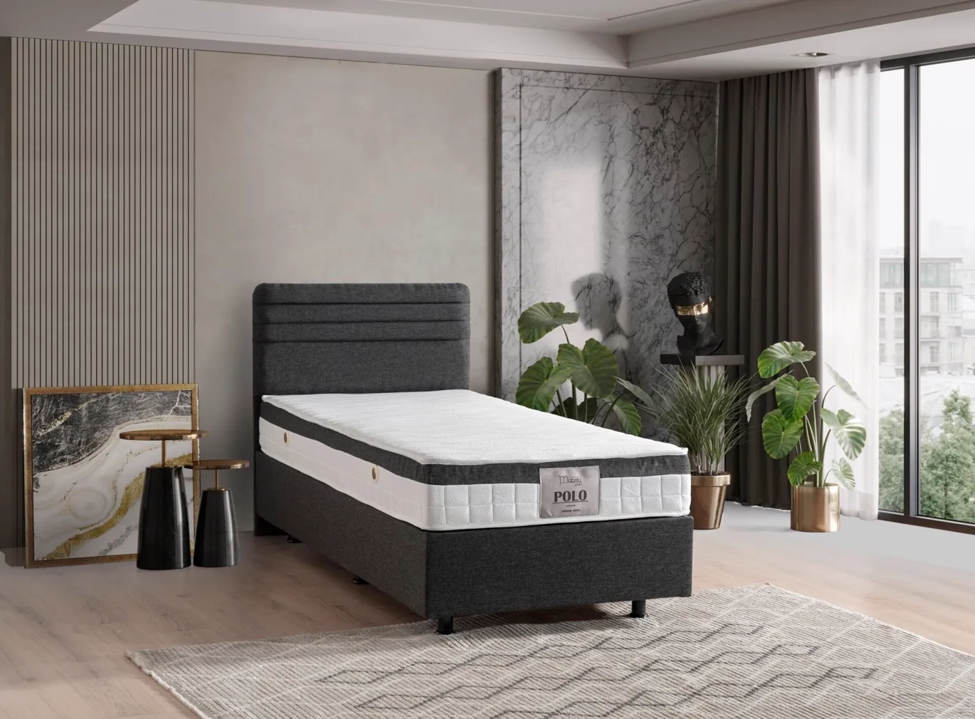 Polo Antrasit 100x200 Tek Kişilik Baza, Başlık Seti